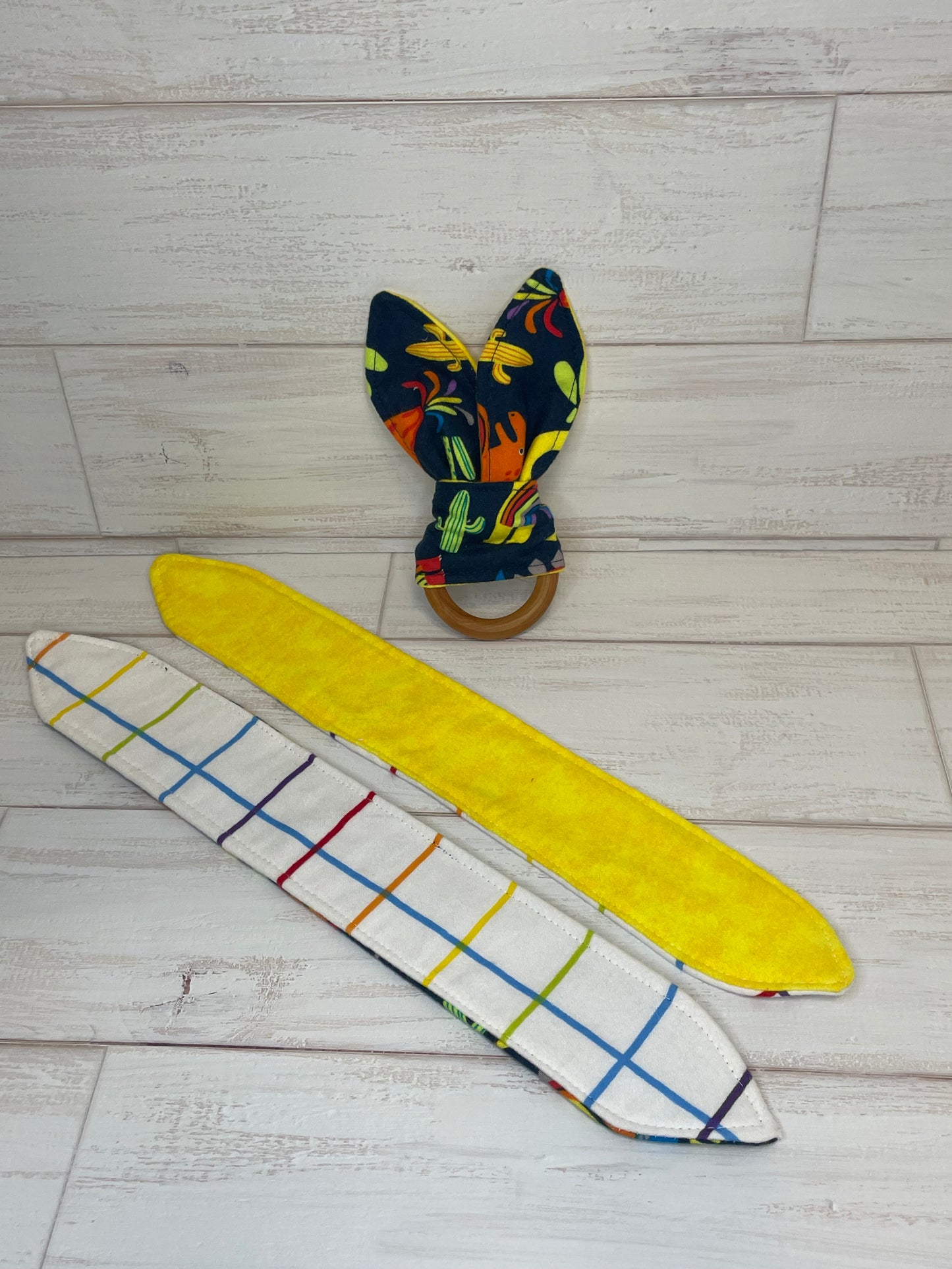 Rainbow Dinasaur Themed 3 Piece Teether Tie Set