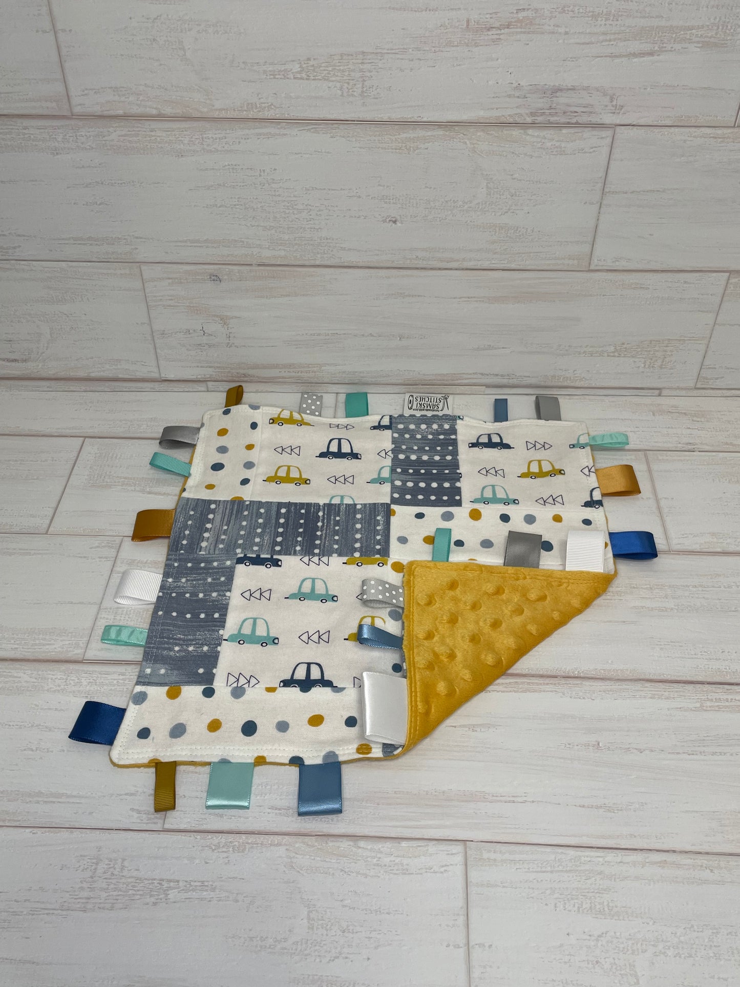 Blue and Gold Car Themed Quilted Sensory Taglet