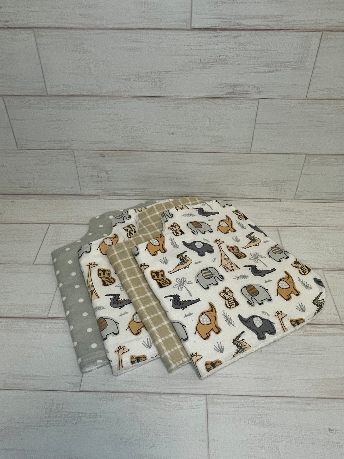 Neutral Tan and Grey Animals Themed Burp Cloths