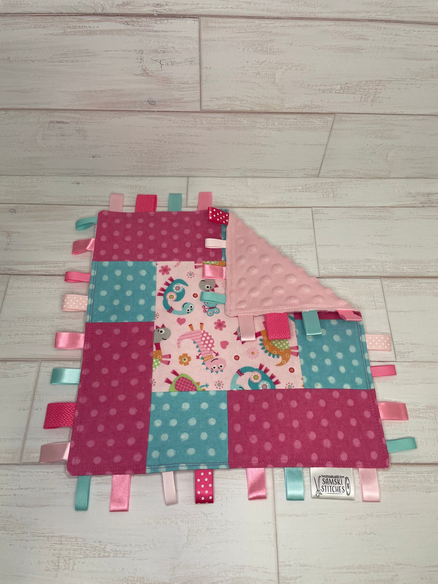 Dinosaurs with Aqua & Pink Dots Sensory Taglet