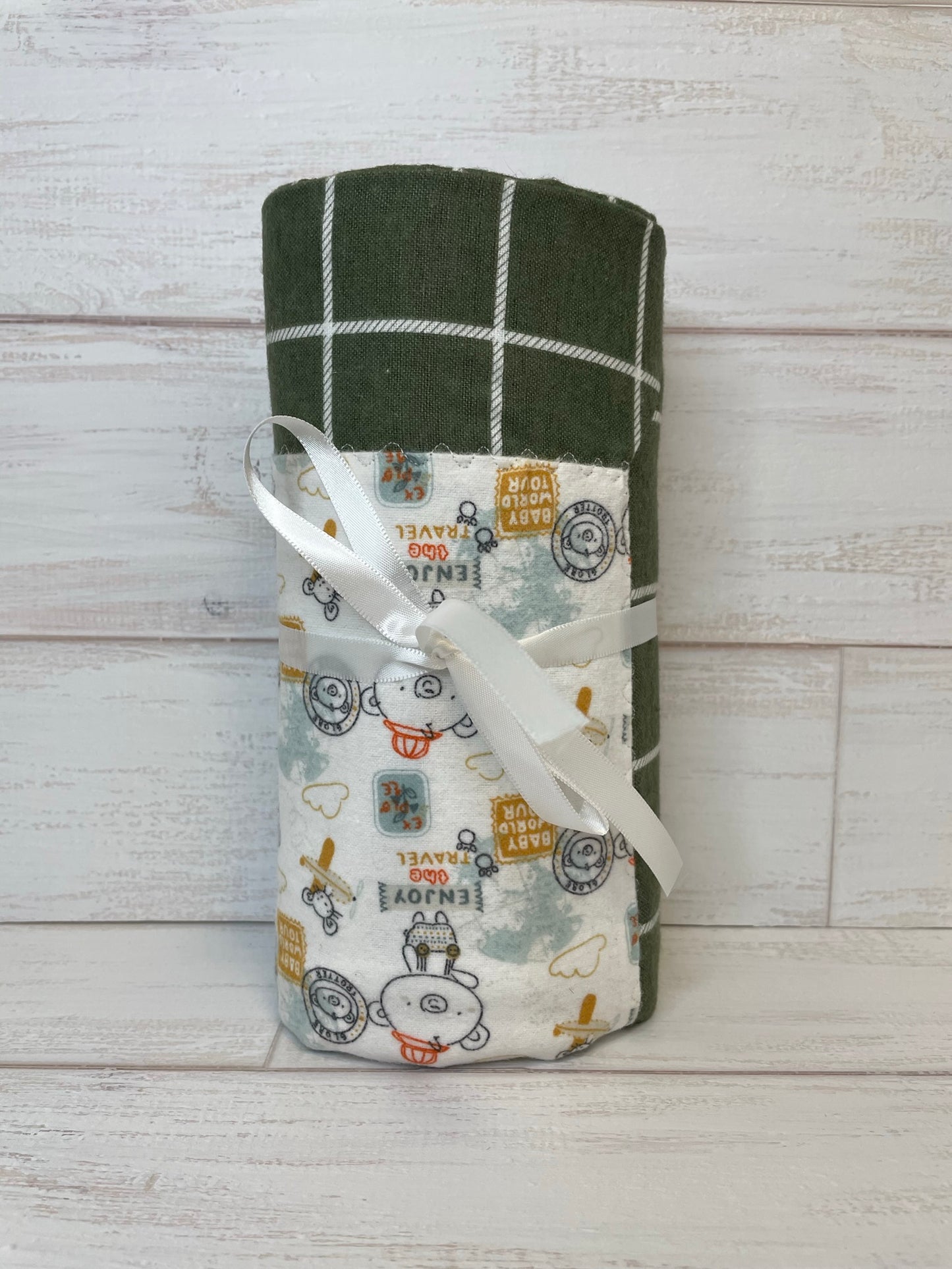 Travel Adventure with Olive Plaid Grid Swaddle Blanket