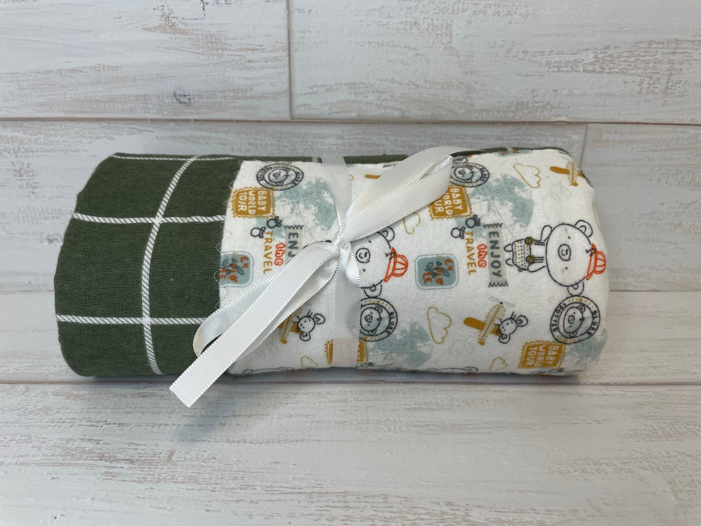 Travel Adventure with Olive Plaid Grid Swaddle Blanket