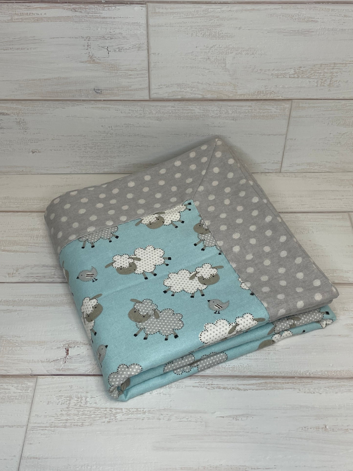 Sheep on Blue with Gray Dots Swaddle Blanket