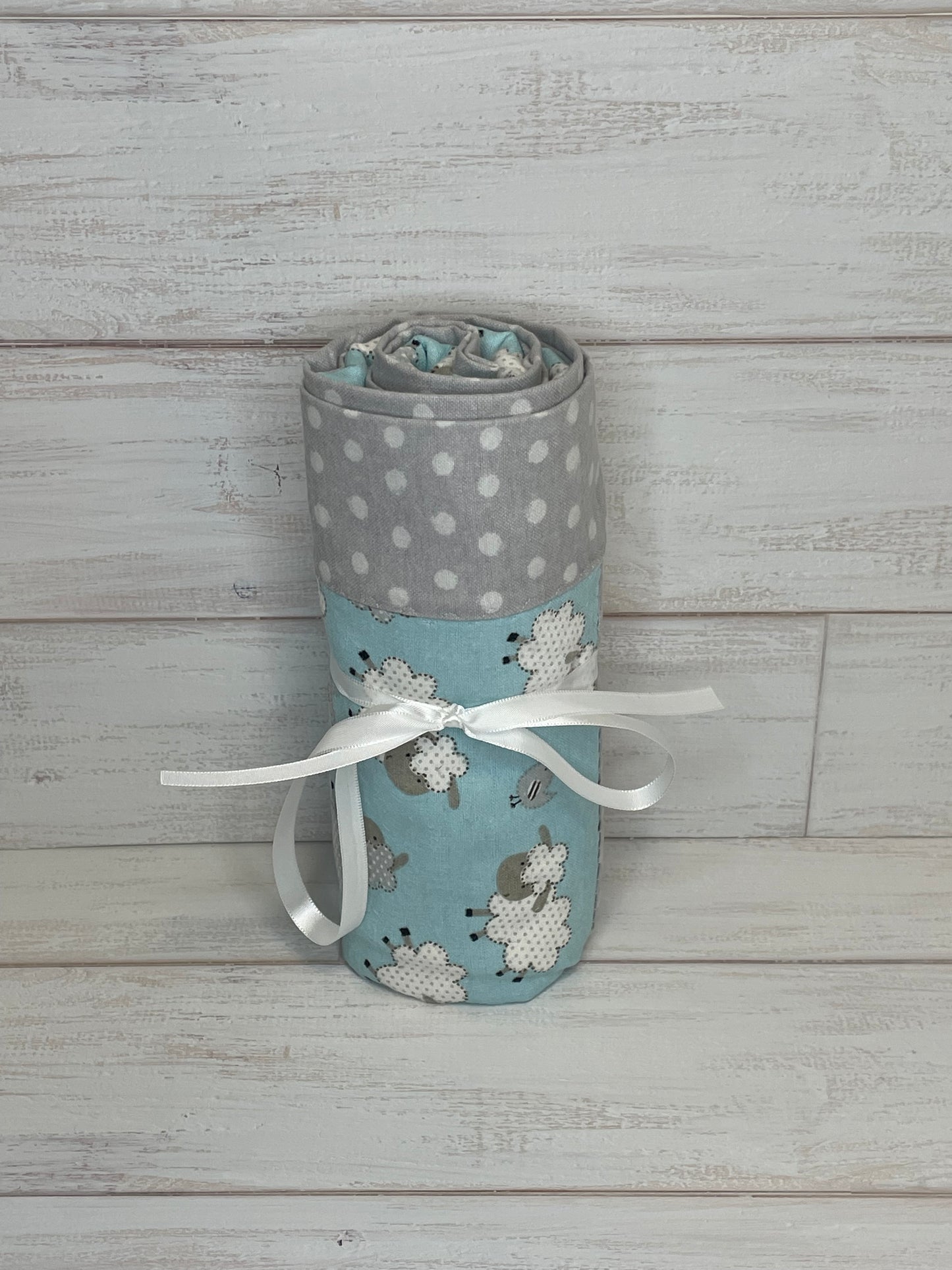 Sheep on Blue with Gray Dots Swaddle Blanket