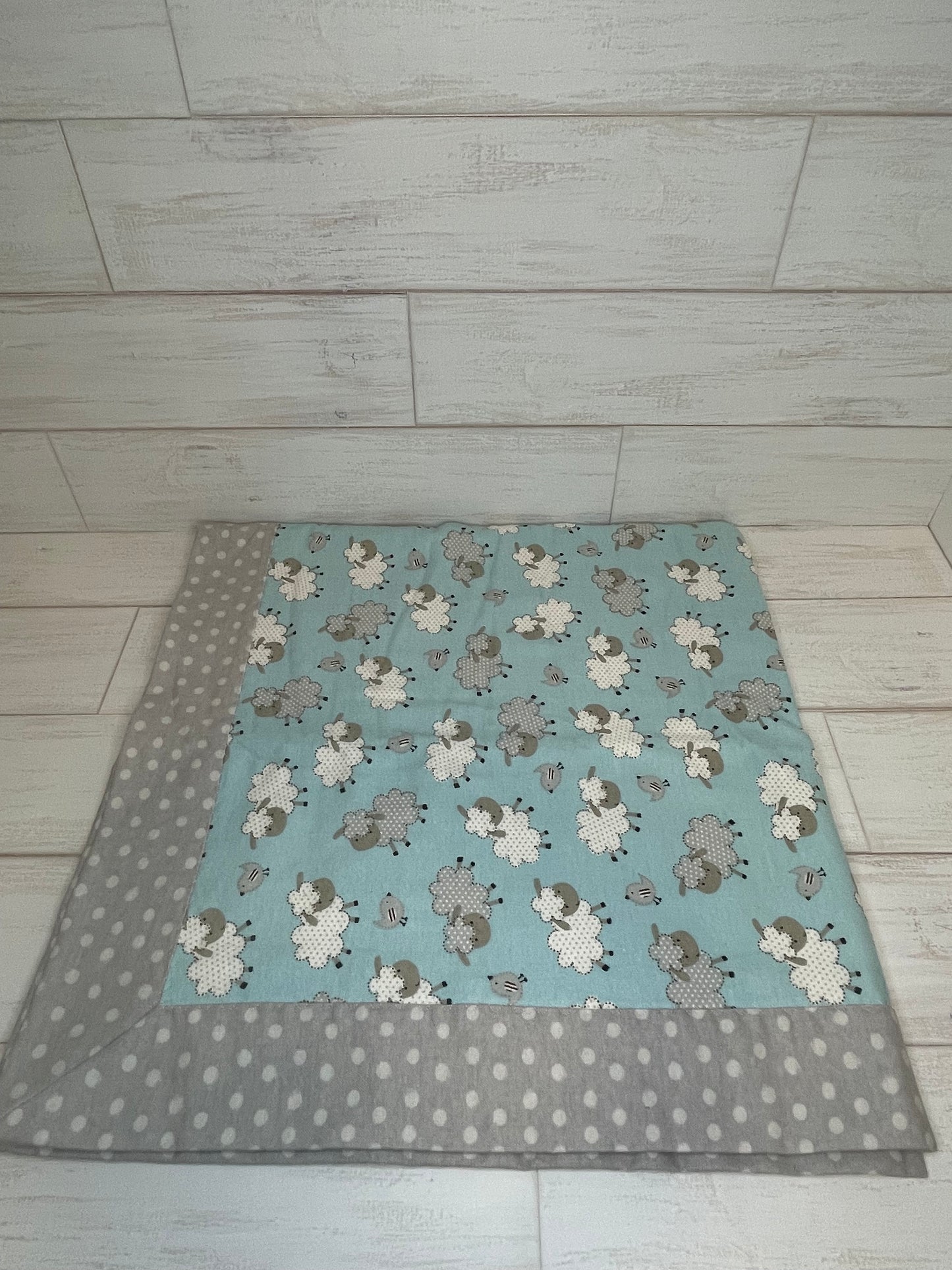 Sheep on Blue with Gray Dots Swaddle Blanket