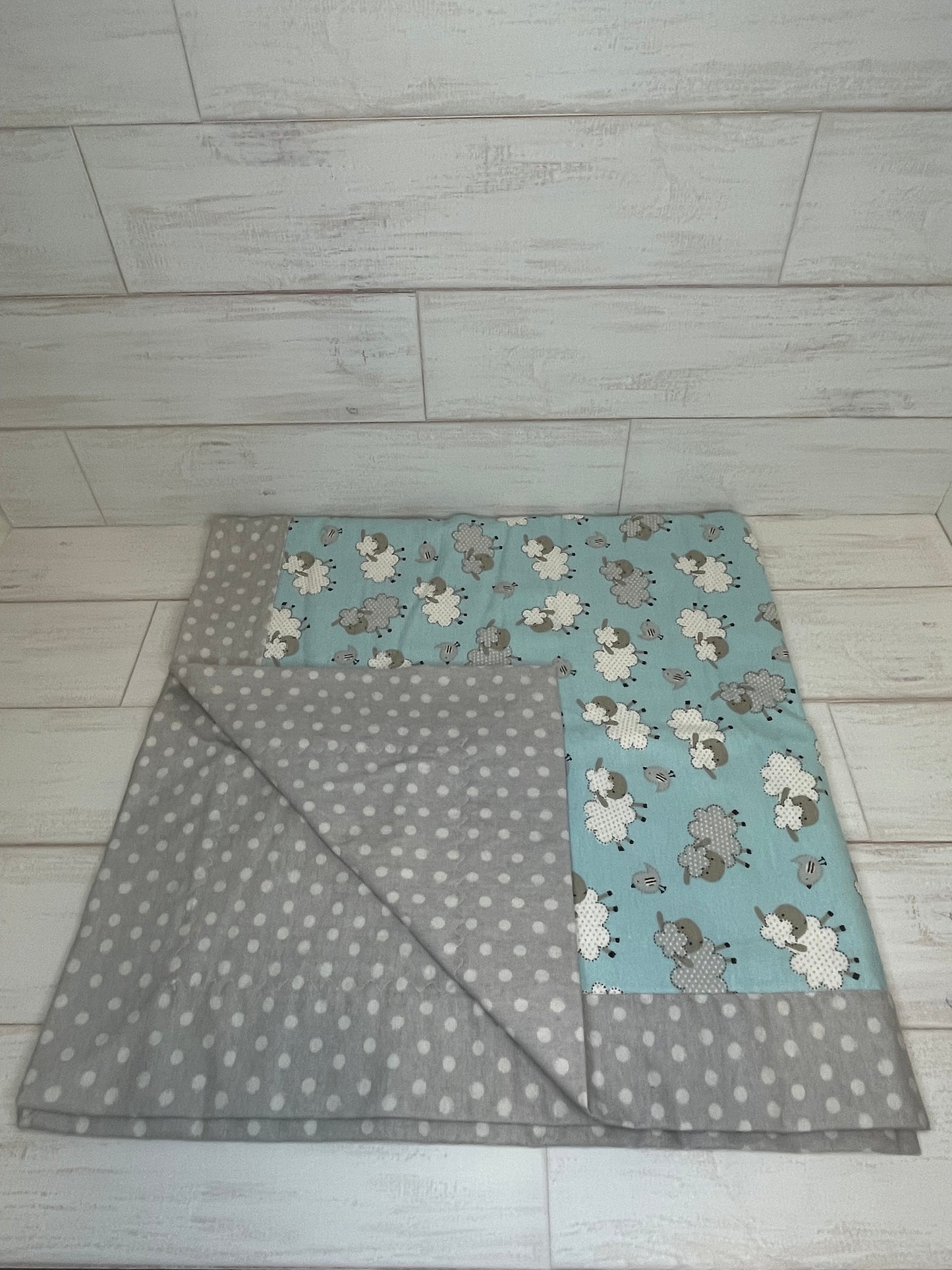 Sheep on Blue with Gray Dots Swaddle Blanket