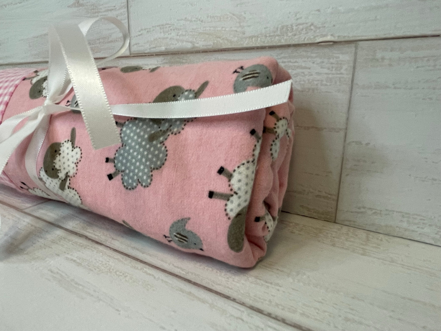 Sheep on Pink with Pink Gingham Swaddle Blanket